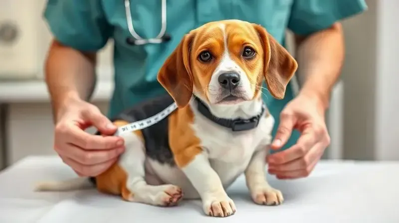 Beagle em consulta veterinária para avaliação de peso, ilustrando problemas de saúde comuns na raça relacionados à dieta.