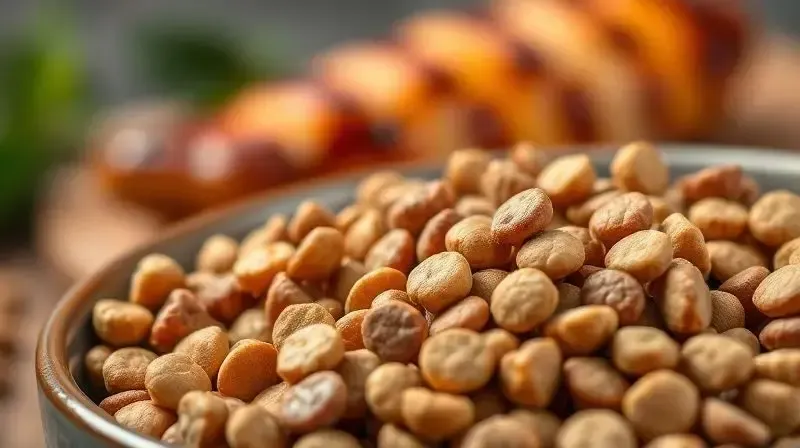 Análise da qualidade da proteína da ração Atacama, com destaque para os grãos e uma fonte de proteína de frango ao fundo.