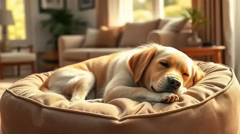 Um cachorro idoso dormindo confortavelmente com uma fralda canina, ilustrando o uso para incontinência e bem-estar do animal.