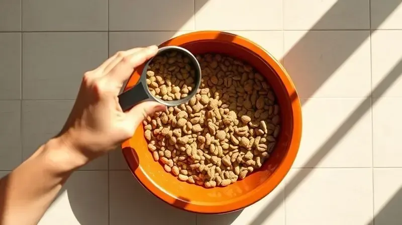 Pessoa medindo a quantidade de ração diária correta para um cão de porte grande como o Bernese, usando um copo medidor.