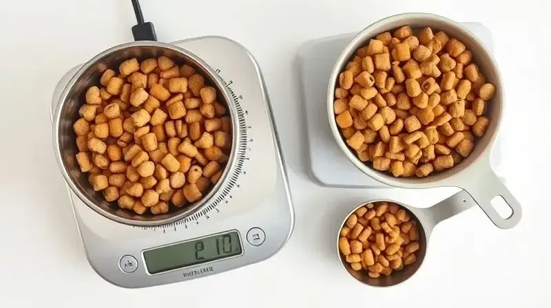 Balança de cozinha e copo medidor com ração, ilustrando a forma correta de medir a porção diária para um Buldogue Francês.