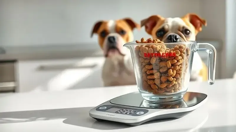 Um copo medidor com ração sobre uma balança de cozinha digital para mostrar a porção diária correta para um Bulldog Inglês.
