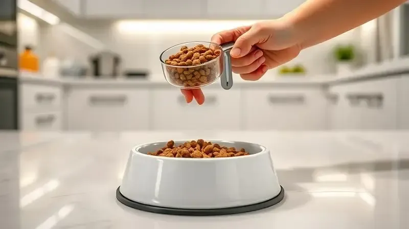 Mãos de uma pessoa usando um copo medidor para colocar a quantidade diária correta de ração em uma tigela para cães.