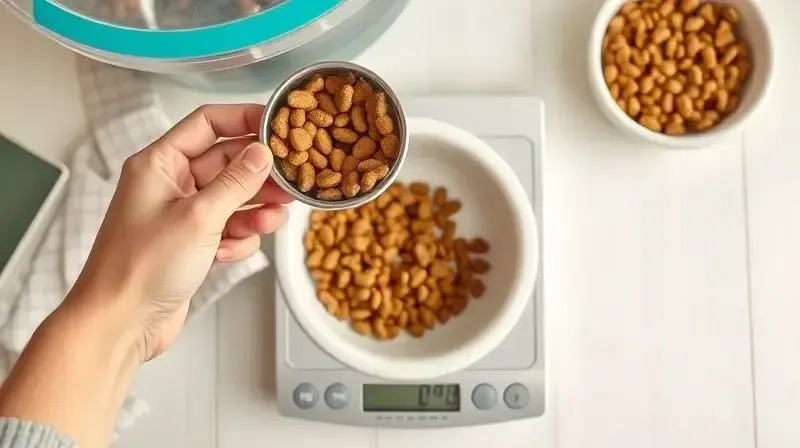 Pessoa medindo a porção exata de ração em um copo medidor, mostrando como definir a quantidade diária para um Husky.
