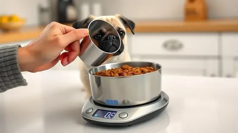 Pessoa medindo a porção diária correta de ração para pug com um copo medidor e uma balança de cozinha para garantir uma dieta balanceada.
