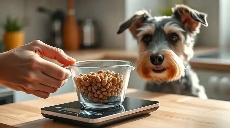 Pessoa usando uma balança de cozinha para medir a quantidade diária correta de ração para um cão Schnauzer.