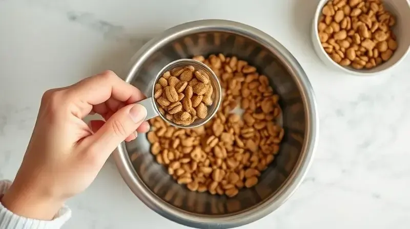 Mãos de uma pessoa usando um copo medidor para colocar a quantidade correta de ração em uma tigela, seguindo o guia de alimentação.
