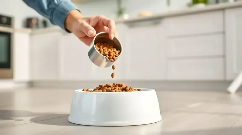 Pessoa medindo a quantidade correta de ração para Maltês em um copo medidor para garantir a porção ideal de alimento.