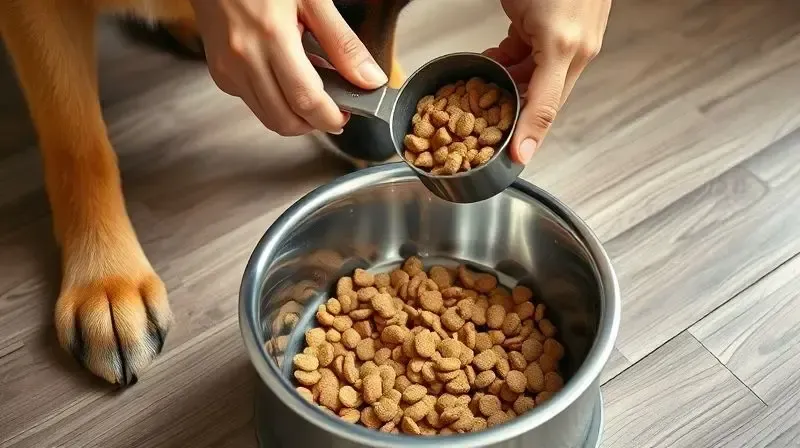Pessoa medindo a quantidade de ração ideal para um Pastor Alemão com um copo medidor e despejando em uma tigela de inox.