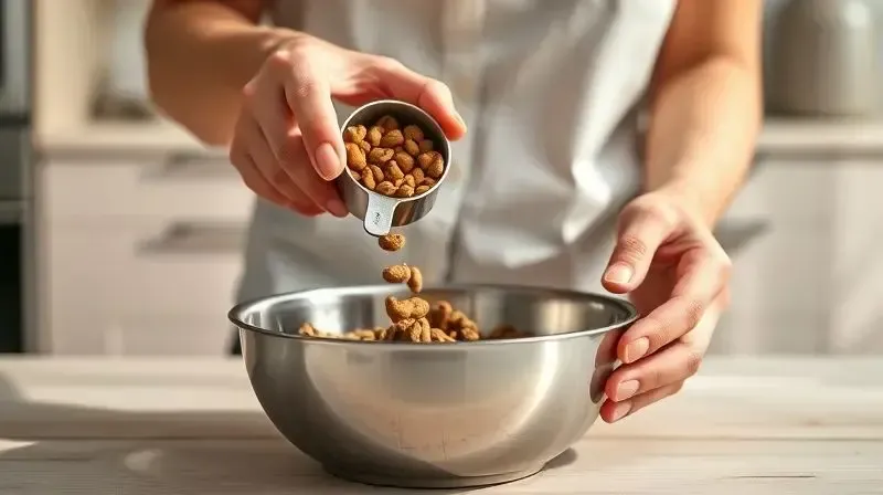 Pessoa medindo a porção exata de ração com um copo medidor para garantir a quantidade ideal de alimento para o pet.