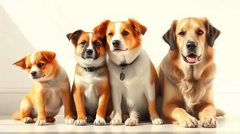 Cães de diferentes idades e portes, um filhote, um adulto e um sênior, para ilustrar a adequação da ração por fase da vida.