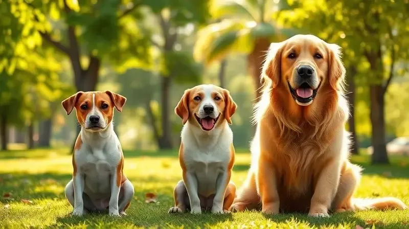Cachorros de diferentes raças e portes, pequeno, médio e grande, para ilustrar a variedade de opções da ração Allcanis.