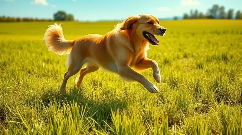 Cachorro saudável correndo em campo verde, demonstrando o fortalecimento das articulações proporcionado pela ração Atacama.