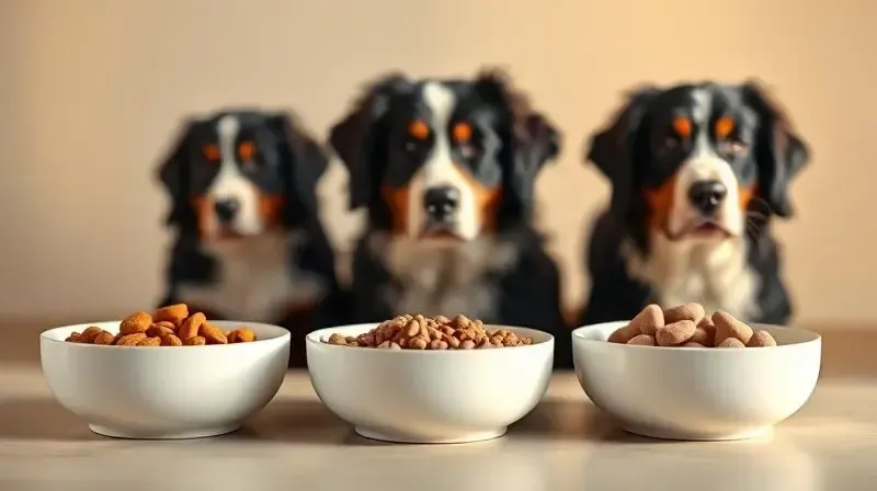 Três comedouros com rações para filhote, adulto e idoso de Bernese, mostrando a alimentação específica para cada fase da vida.