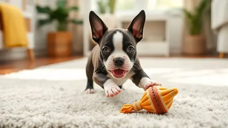 Um filhote de Boston Terrier saudável e brincalhão, representando a fase inicial da vida que necessita de ração específica.