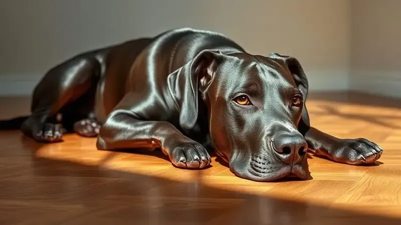 Dogue Alemão adulto, saudável e com pelagem brilhante, descansando, mostrando os resultados de uma nutrição adequada para sua fase de vida.