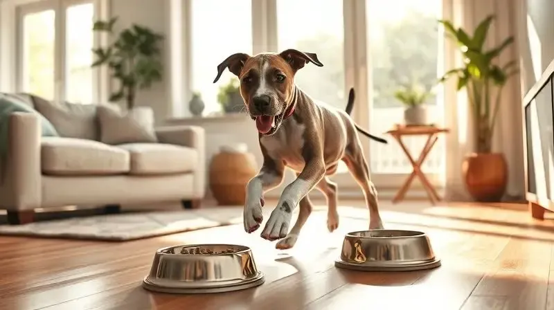 Filhote de Dogue Alemão saudável e brincalhão ao lado de sua tigela de ração, representando a alimentação correta na fase de crescimento.