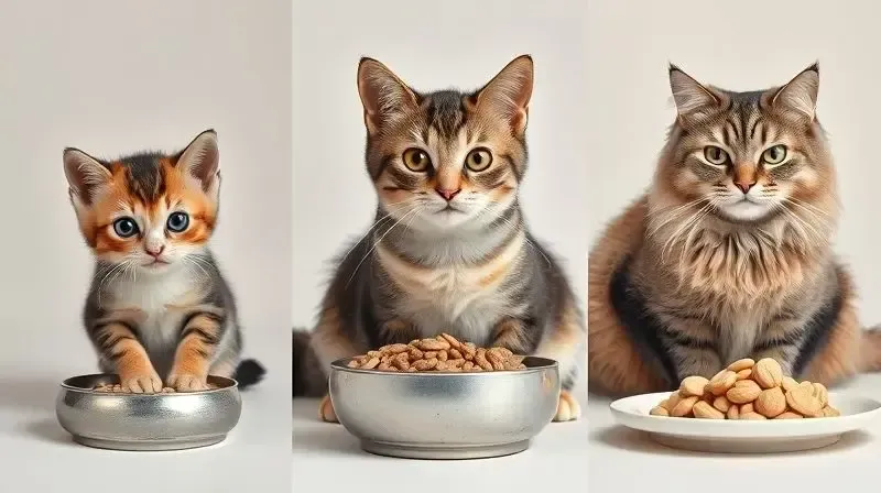 Três gatos em diferentes fases da vida (filhote, adulto e sênior), cada um com sua ração específica, ilustrando a necessidade de nutrição adequada.