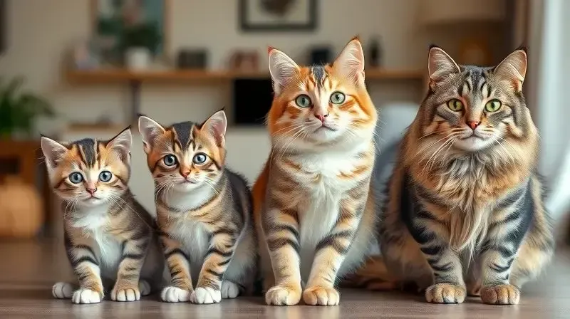 Três gatos representando diferentes fases da vida: um filhote, um adulto e um sênior, para ilustrar a importância da ração adequada para cada idade.