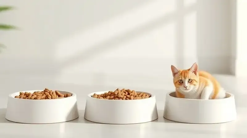 Três tigelas com rações específicas para gatos filhotes, adultos e idosos, demonstrando a importância da comida certa para cada fase da vida.