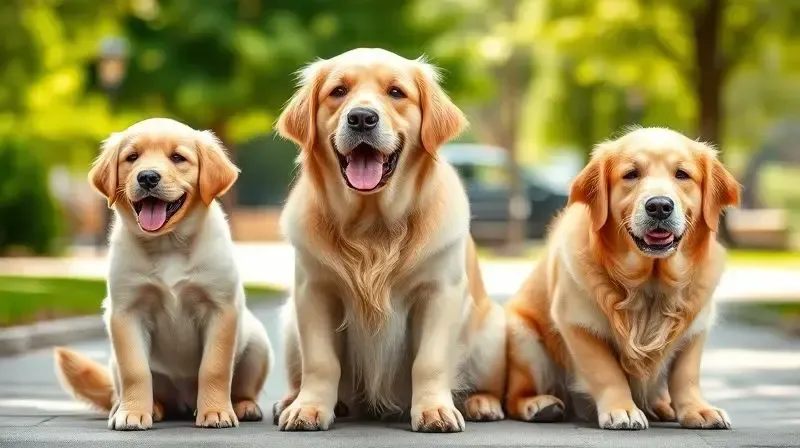 Três Golden Retrievers representando as fases da vida: filhote, adulto e sênior, para ilustrar a escolha da ração correta para cada idade.