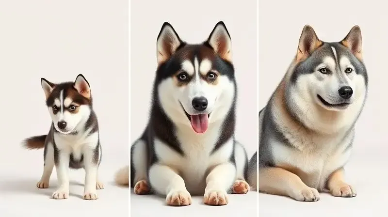 Composição de um Husky filhote, adulto e sênior, mostrando a ração ideal para cada fase da vida do cão.