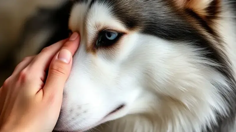 Mão de uma pessoa acariciando o pelo brilhante e saudável de um Husky, ilustrando os benefícios de uma ração para peles sensíveis.