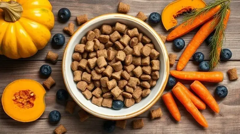 Tigela de ração cercada por ingredientes funcionais e saudáveis como abóbora, mirtilos e cenouras, em uma mesa de madeira.