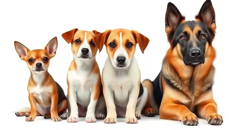Três cães de portes diferentes, pequeno, médio e grande, sentados lado a lado para ilustrar a escolha da ração light correta para cada porte.