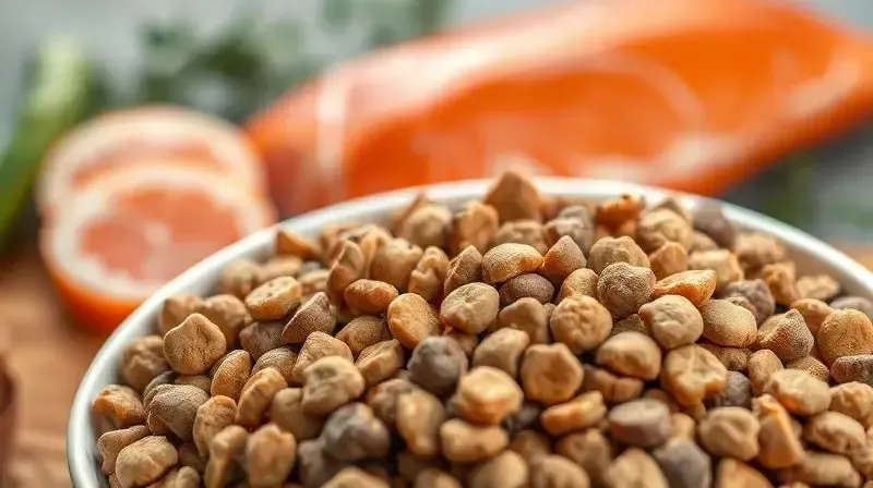 Close-up em uma tigela de ração com fontes de proteína como frango e salmão ao fundo, destacando a importância da proteína bruta.