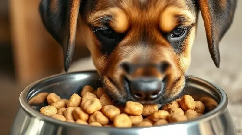 Close-up de um filhote de labrador comendo ração natural específica para filhotes em um pote de inox, demonstrando que o alimento é seguro e indicado.