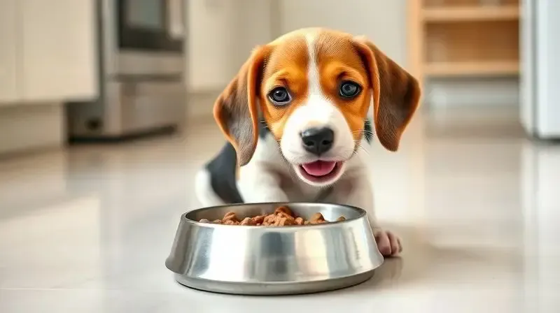 Um filhote de Beagle saudável e feliz comendo sua ração específica para a idade em uma tigela de inox, demonstrando a importância da nutrição correta.