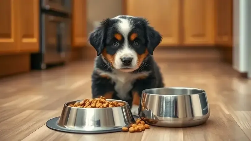 Filhote de Bernese ao lado de uma tigela com ração específica para filhotes de raças grandes.