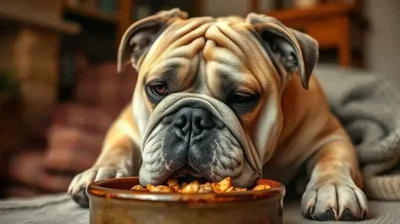Um Bulldog Inglês sênior, de focinho grisalho, comendo tranquilamente sua ração especial para cães idosos em uma tigela.