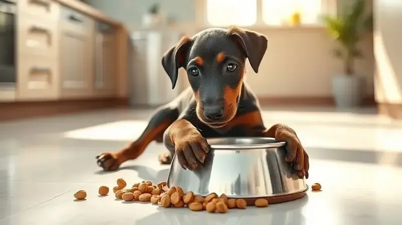Filhote de Doberman fofo comendo sua primeira ração em uma tigela de inox, demonstrando a importância da nutrição na fase de crescimento.