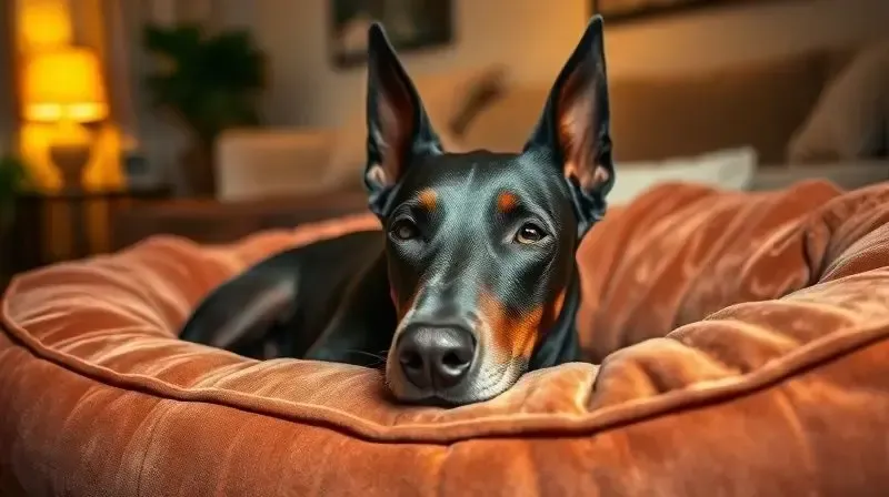 Doberman idoso, com pelos grisalhos no focinho, deitado confortavelmente em uma cama macia, representando a fase sênior da vida.