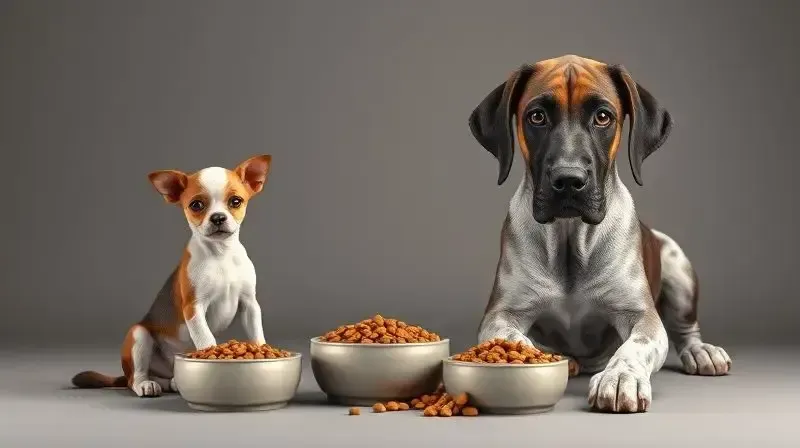 Um filhote de porte pequeno e um de porte grande, ilustrando a importância de escolher a ração certa para o porte e a raça do cão.
