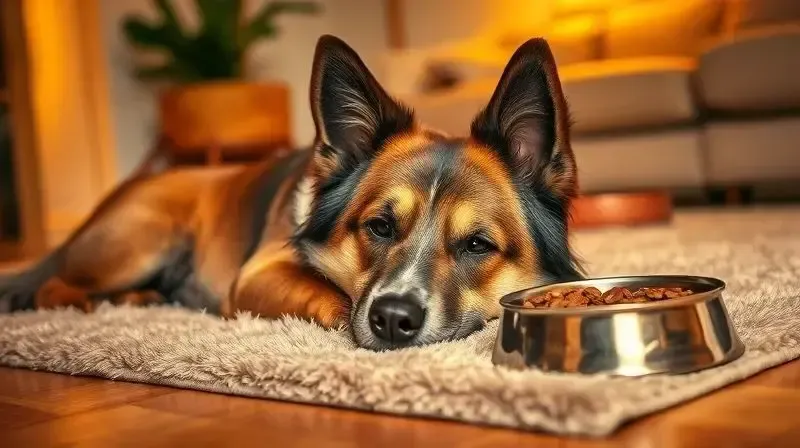 Um cão Fox Paulistinha idoso, com pelos grisalhos, descansando tranquilamente perto de sua comida, ilustrando a alimentação na fase sênior.