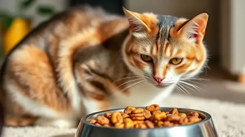 Gato castrado saudável e feliz ao lado de sua tigela de ração específica, ilustrando os benefícios da alimentação correta para gatos castrados.