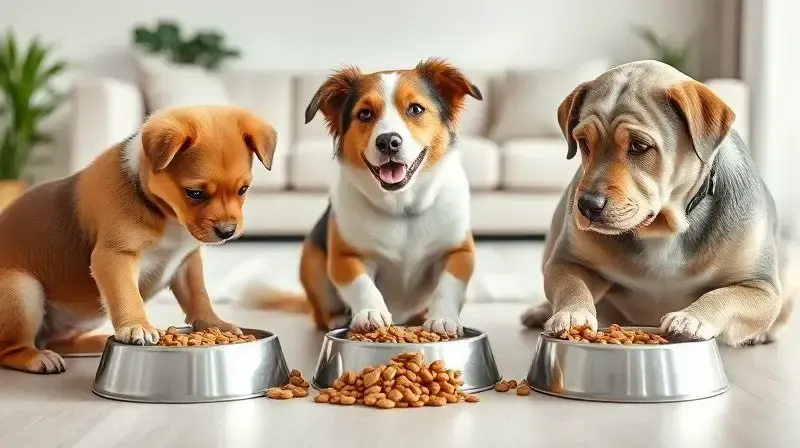 Três cães em diferentes fases da vida (filhote, adulto e sênior) comendo em tigelas apropriadas para sua idade.