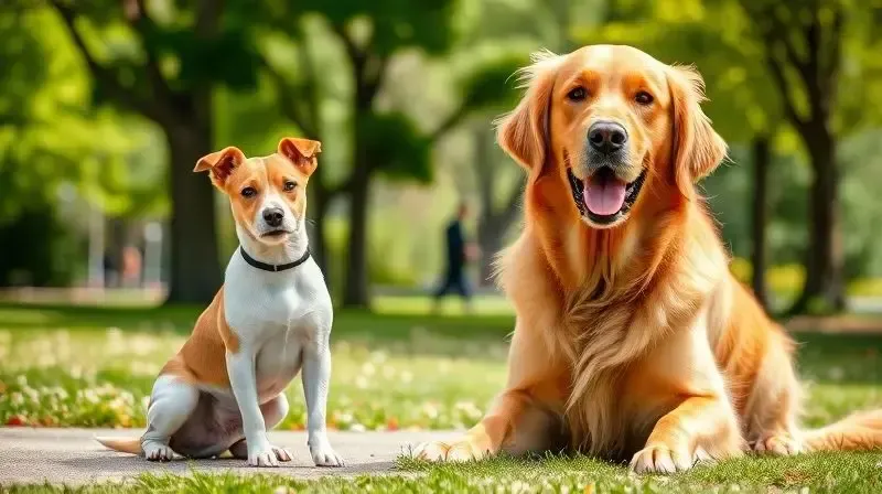Um cão de porte pequeno e um de porte grande, ilustrando a importância de escolher a ração certa para a idade e o porte do animal.