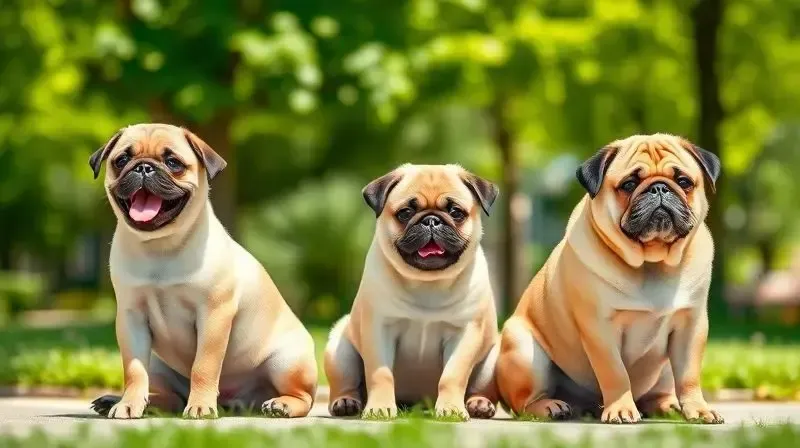 Três pugs de idades diferentes, filhote, adulto e sênior, mostrando a necessidade de uma ração específica para cada fase da vida do cão.