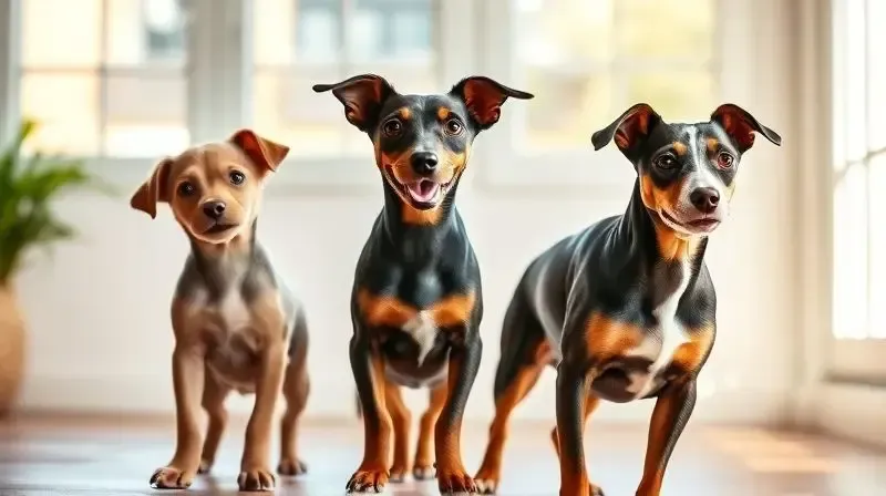 Três cães da raça Pinscher representando as fases da vida: filhote, adulto e idoso, para escolher a ração correta para cada idade.