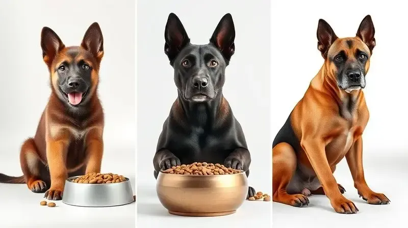 As três fases da vida de um Pastor Belga Malinois - filhote, adulto e sênior - e a importância da ração específica para cada idade.
