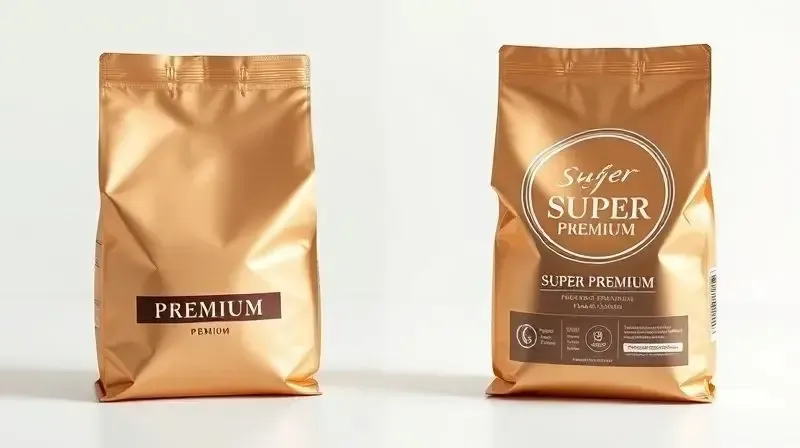 Comparativo entre uma embalagem de ração Premium e uma Super Premium, para ajudar na escolha da melhor qualidade de alimento para um pug.
