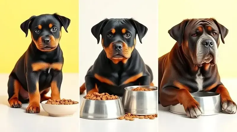 Comparativo das fases da vida de um Rottweiler: filhote, adulto e sênior, ao lado da ração ideal para cada idade.