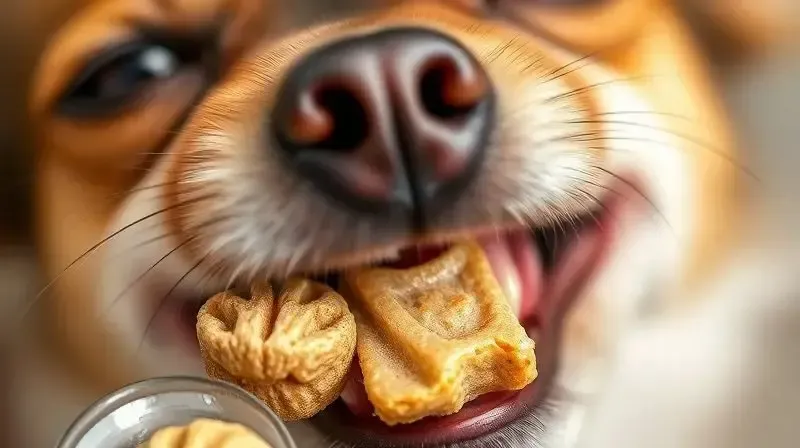 Close-up dos dentes saudáveis de um Chihuahua mordendo um grão de ração que auxilia na saúde dental.