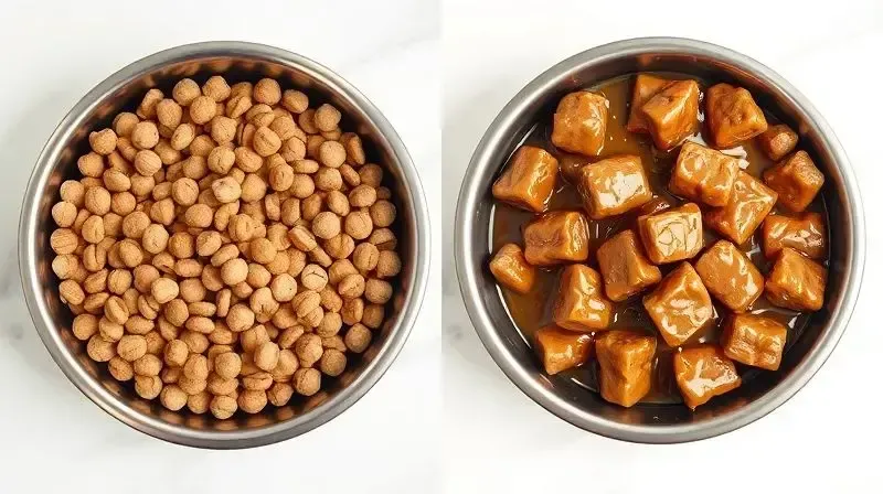 Comparativo visual entre um pote de ração seca e um pote de ração úmida para cachorros, destacando as diferentes texturas.