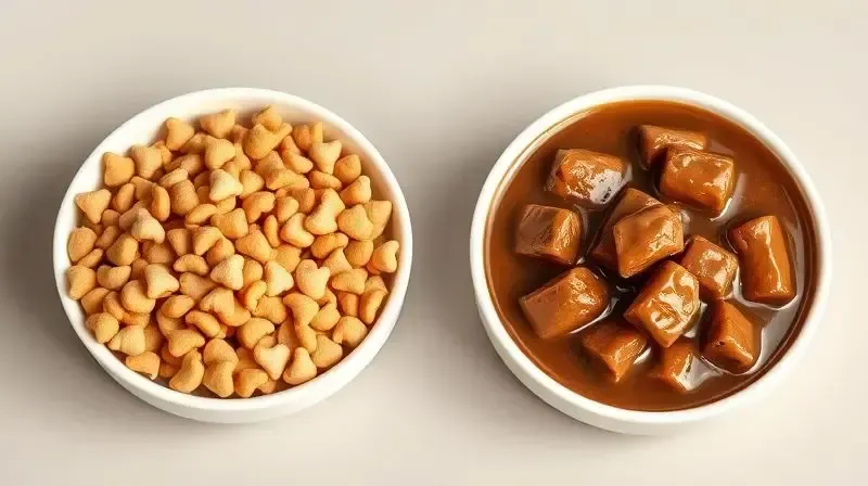 Comparativo entre uma tigela de ração seca e outra de ração úmida, mostrando a diferença de textura e aparência dos alimentos.