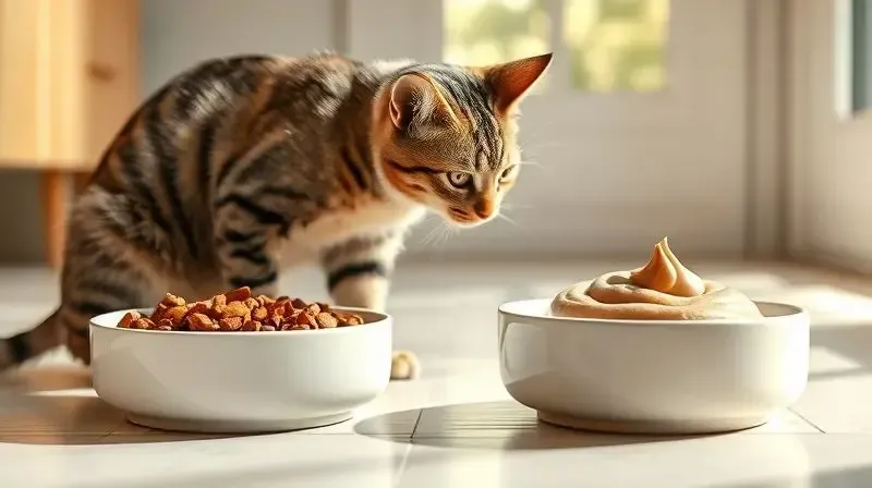 Comparativo visual entre ração seca e úmida para gatos com problemas urinários, com um gato escolhendo entre duas tigelas.